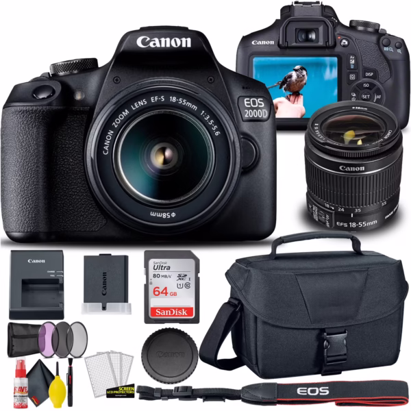 Canon EOS 2000D / Rebel T7 DSLR Camera with 18-55mm Lens (International Model) Bundle with Filter, Bag & SDXC Memory Card